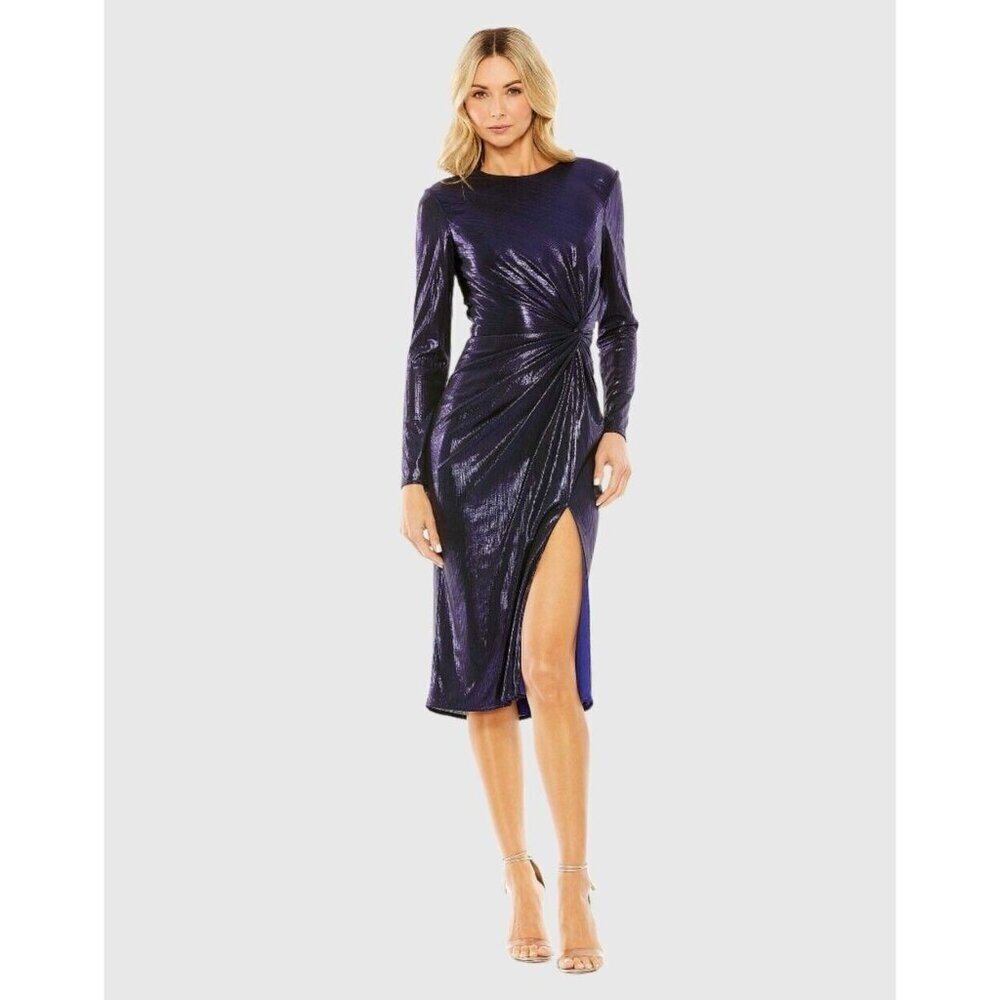 Mac Duggal Size 16 Purple Metallic Long Sleeve Ruched Cocktail MIDI Dress New